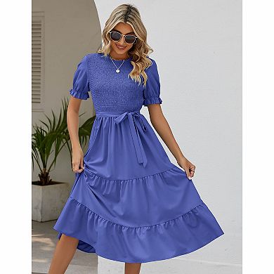 Women's Crew Neck Puff Short Sleeve Smocked Tiered Ruffle Solid Midi Dress