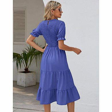 Women's Crew Neck Puff Short Sleeve Smocked Tiered Ruffle Solid Midi Dress