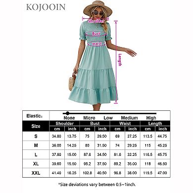 Women's Crew Neck Puff Short Sleeve Smocked Tiered Ruffle Solid Midi Dress