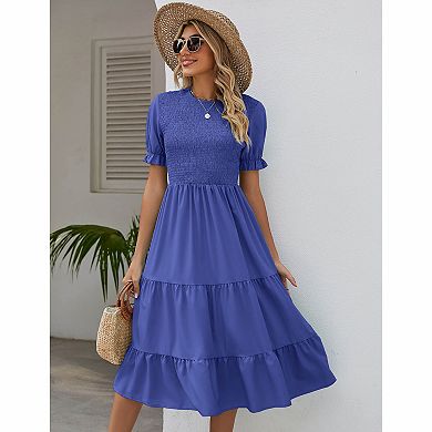 Women's Crew Neck Puff Short Sleeve Smocked Tiered Ruffle Solid Midi Dress