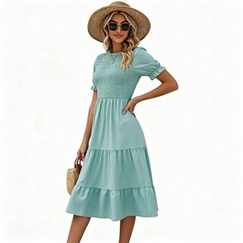 Women's Crew Neck Puff Short Sleeve Smocked Tiered Ruffle Solid Midi Dress