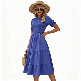 Women's Crew Neck Puff Short Sleeve Smocked Tiered Ruffle Solid Midi Dress