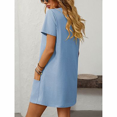 Women's Square Neck Short Sleeve Solid Pocket Loose Straight Mini T-Shirt Dress