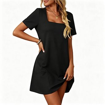 Women's Square Neck Short Sleeve Solid Pocket Loose Straight Mini T-Shirt Dress