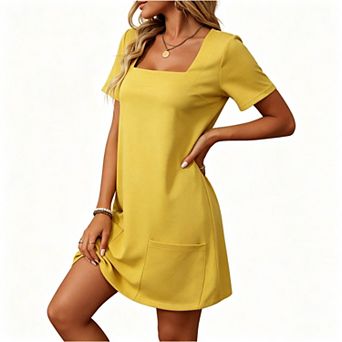 Women's Square Neck Short Sleeve Solid Pocket Loose Straight Mini T-Shirt Dress