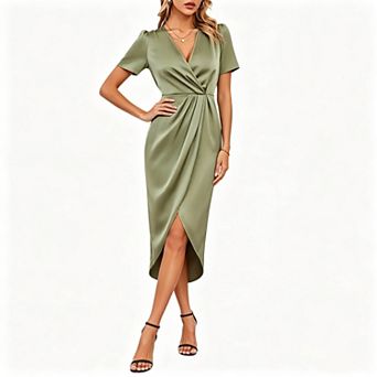 Women's V Neck Short Sleeve Satin Twist Front Asymmetrical Slit Midi Cocktail Dress