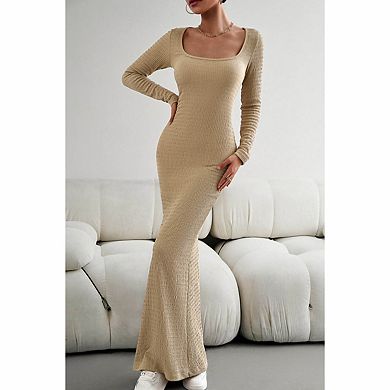 Women's Square Neck Long Sleeve Textured Ribbed Bodycon Flared Maxi Dress