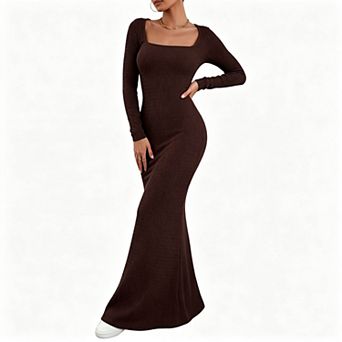 Women's Square Neck Long Sleeve Textured Ribbed Bodycon Flared Maxi Dress