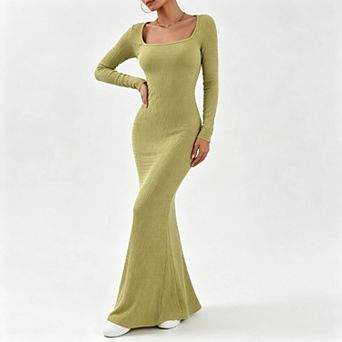 Women's Square Neck Long Sleeve Textured Ribbed Bodycon Flared Maxi Dress
