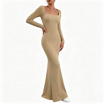 Women's Square Neck Long Sleeve Textured Ribbed Bodycon Flared Maxi Dress