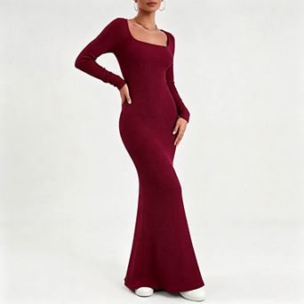 Women's Square Neck Long Sleeve Textured Ribbed Bodycon Flared Maxi Dress