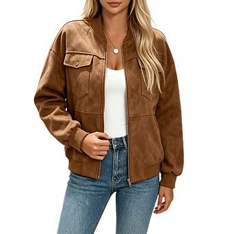 Women's Faux Suede Zip Up Bomber Jacket Stand Collar Chest Pocket Loose Vintage Casual Outerwear