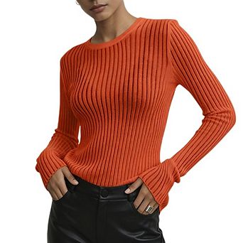 Women's Sheer Ribbed Knit Top Crew Neck Long Sleeve Slim Lightweight See Through Layering Shirt