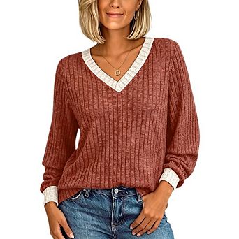 Women's Color Block V Neck Ribbed Knit Top Brushed Soft Long Sleeve Loose Casual Pullover Sweater