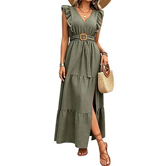 Women's Deep V Neck Ruffle Sleeveless Tiered Maxi Dress Belted Waist Side Casual Vacation Long Dress