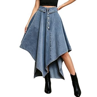 Women's High Waist Asymmetric Hem Denim Midi Skirt Over Button Front Flowy A Line Casual Skirt