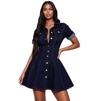 Women Denim Mini Dress Short Sleeve Button Down Jean Outfits