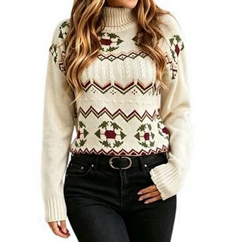 Women's Fair Isle Geometric Pattern Turtleneck Sweater Long Sleeve Loose Vintage Knit Pullover Top