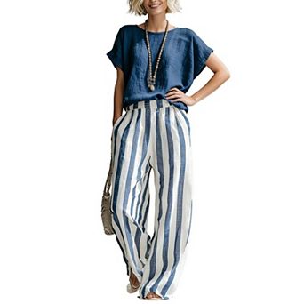 Women 2 pc Casual Set Crew Neck Short Sleeve Solid Top High Waist Stripe Wide Straight Leg Pants