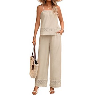 Women Lace Trim 2 pc Outfit Cami Top Wide Leg Pants with Pockets Casual Vacation Set