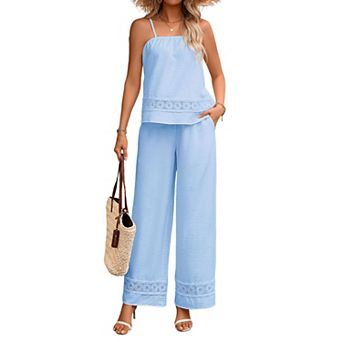 Women Lace Trim 2 pc Outfit Cami Top Wide Leg Pants with Pockets Casual Vacation Set