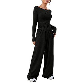 Women 2 pc Casual Outfit Long Sleeve Boat Neck Top Wide Leg Pants with Pockets Loungewear Set