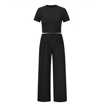 Women 2 pc Outfit Crew Neck Crop Top High Waist Wide Leg Pants with Pockets Casual Loungewear Set