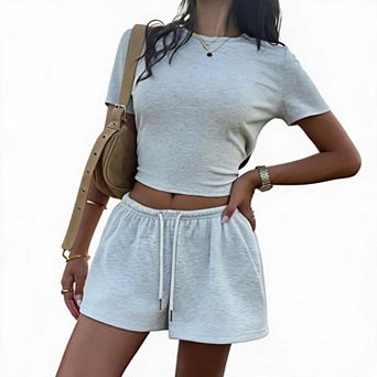 Women's 2 pc Casual Outfit Crew Neck Slim Crop Top Elastic Drawstring Shorts Loungewear Set