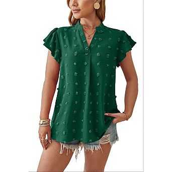 Women's Swiss Dot Ruffle Short Sleeve Blouse V-Neck Loose Fit Casual Tunic Top for Daily Wear