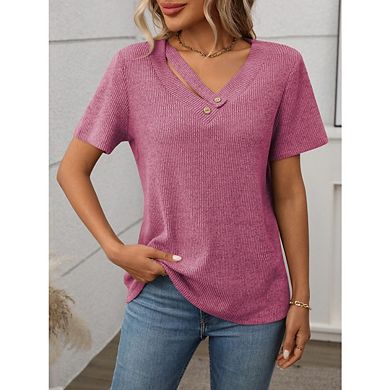 Women's Ribbed Knit V-Neck Short Sleeve Top Button Casual Fitted Knit Tee