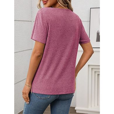Women's Ribbed Knit V-Neck Short Sleeve Top Button Casual Fitted Knit Tee