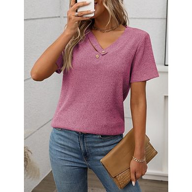 Women's Ribbed Knit V-Neck Short Sleeve Top Button Casual Fitted Knit Tee