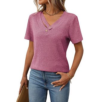 Women's Ribbed Knit V-Neck Short Sleeve Top Button Casual Fitted Knit Tee