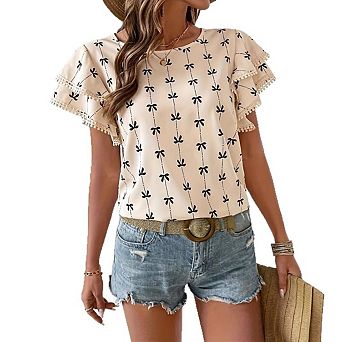 Women's Floral Print Ruffle Sleeve Blouse Lace Trimmed Short Sleeve Top Summer Casual Boho Outings