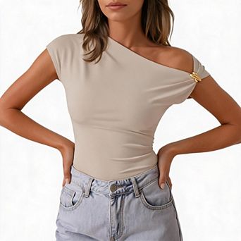 Women Asymmetrical Off Shoulder Metal Buckle Ruched Slim Fit Crop Short Sleeve Top
