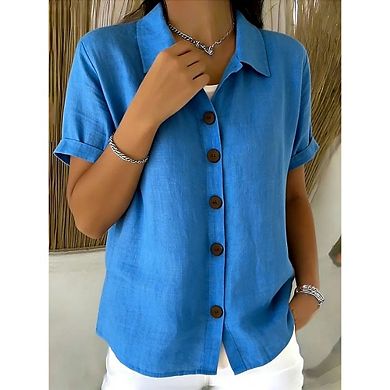 Women Collared Wooden Button Down Roll Cuff Linen Blend Short Sleeve Blouse