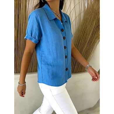 Women Collared Wooden Button Down Roll Cuff Linen Blend Short Sleeve Blouse