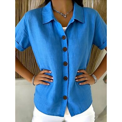 Women Collared Wooden Button Down Roll Cuff Linen Blend Short Sleeve Blouse