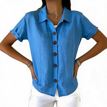 Women Collared Wooden Button Down Roll Cuff Linen Blend Short Sleeve Blouse