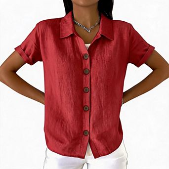 Women Collared Wooden Button Down Roll Cuff Linen Blend Short Sleeve Blouse