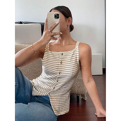 Women Square Neck Striped Textured Button Front Split Hem Sleeveless Tank Top