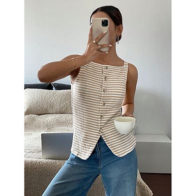 Women Square Neck Striped Textured Button Front Split Hem Sleeveless Tank Top