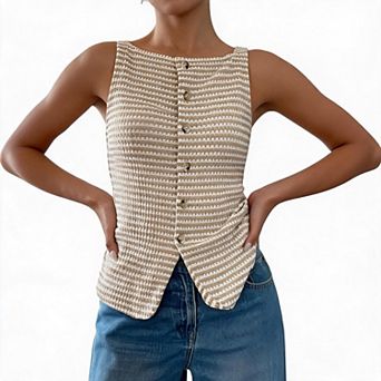 Women Square Neck Striped Textured Button Front Split Hem Sleeveless Tank Top