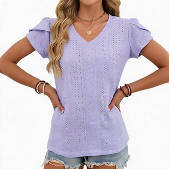 Women V Neck Eyelet Hollow Out Puff Short Sleeve Textured Casual Summer Tee