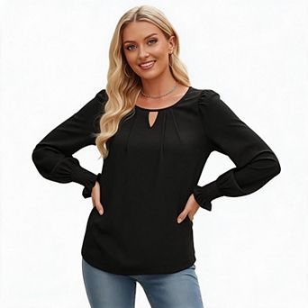 Women Keyhole Neck Pleated Front Smocked Cuff Puff Long Sleeve Blouse