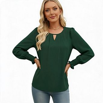 Women Keyhole Neck Pleated Front Smocked Cuff Puff Long Sleeve Blouse
