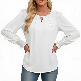 Women Keyhole Neck Pleated Front Smocked Cuff Puff Long Sleeve Blouse