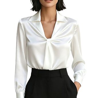 Women's Business Casual Twist Knot V Neck Satin Dressy Blouse Elegant Long Sleeve Collared Shirts