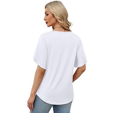 Women V Neck Split Short Sleeve Curved Hem Loose Casual Basic T-Shirt