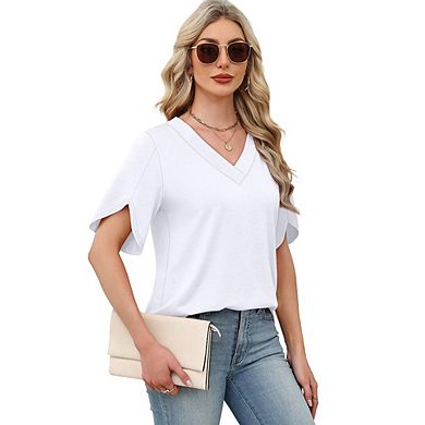Women V Neck Split Short Sleeve Curved Hem Loose Casual Basic T-Shirt
